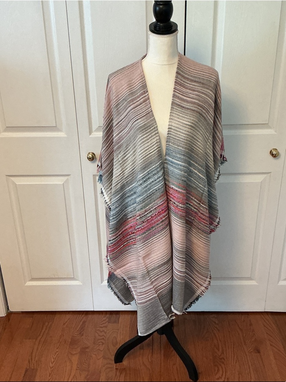 Striped Open-Front Poncho Shrug in Pink and Gray